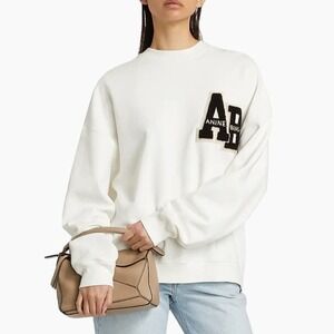Anine Bing White Oversized Crewneck Sweatshirt with Black Patch Logo